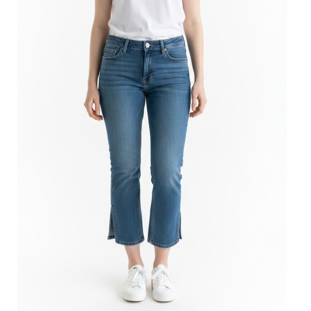Gap Women Blue Cropped Boot Cut Jeans Side Slit Petal Hem Medium Wash Denim - Picture 12 of 13